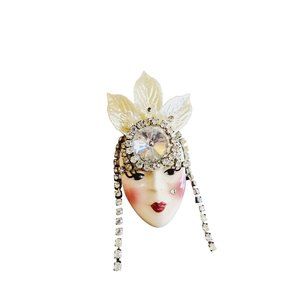 Vintage 80s Porcelain Signed Lady Brooch (A2989)